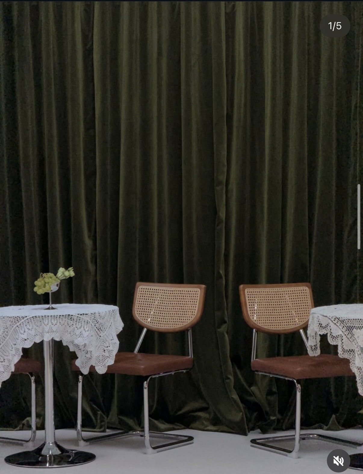 Olive curtain set in the studio.